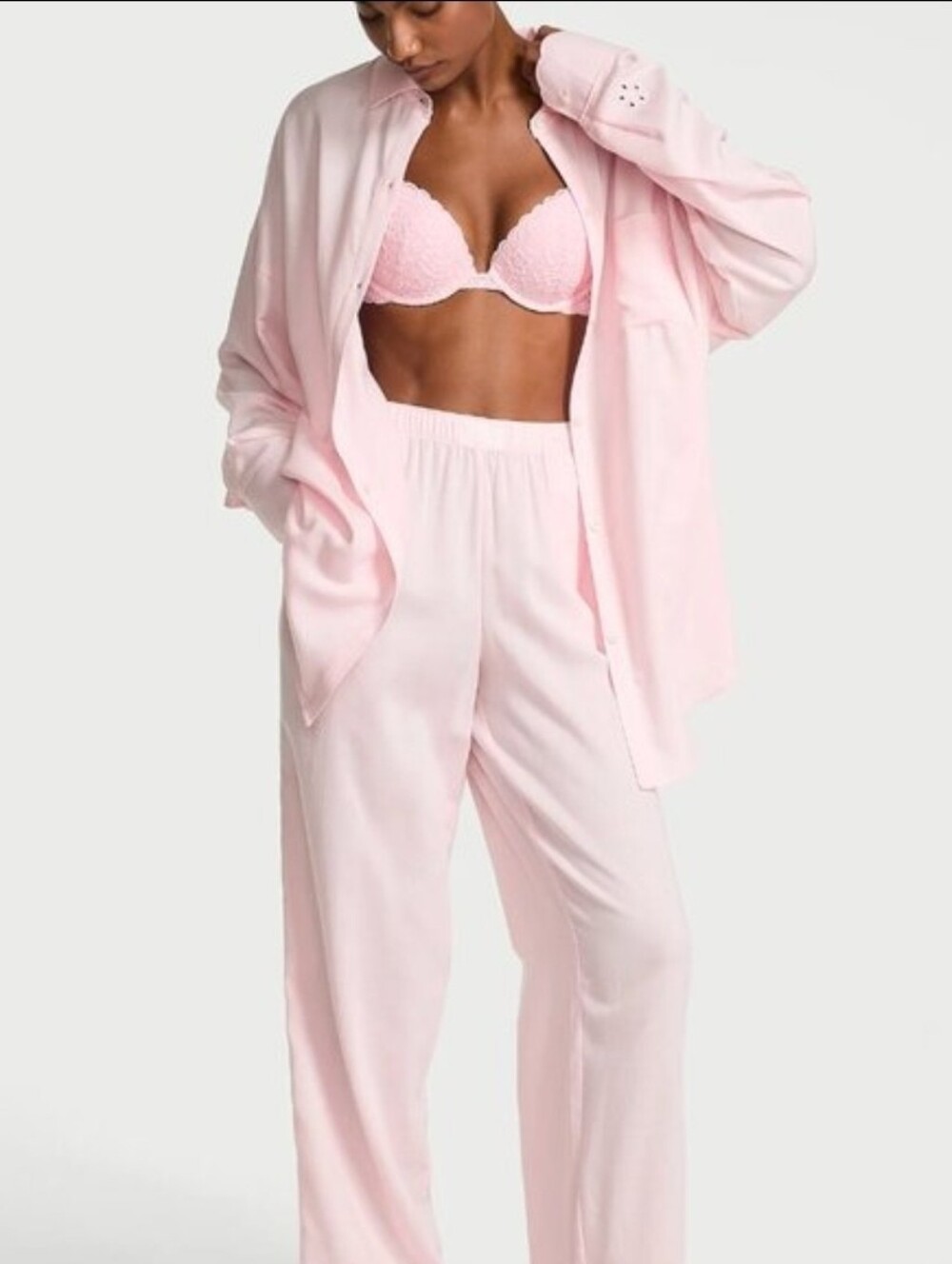 Victoria's Secret Modal-Cotton Eyelet Long Women's Pajama Set Pink